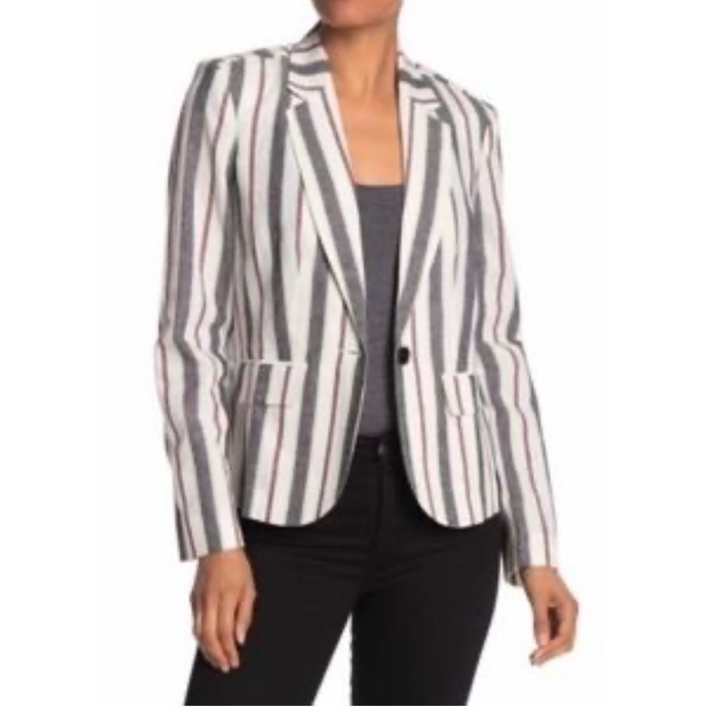 Philosophy Linen Blazer Size 10 White Black‎ Red Vertical Striped Tailored Chic